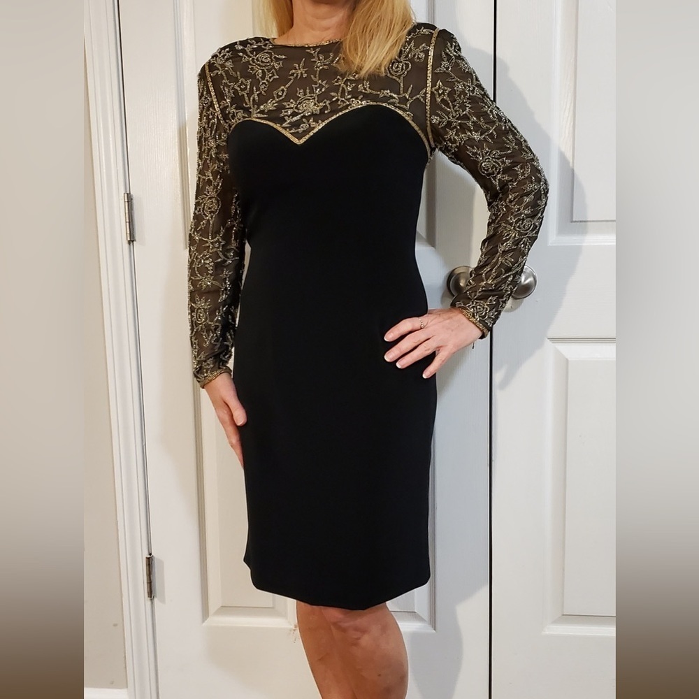 Vintage Black Tie Oleg Cassini Dress. Sheer beaded chest and sleeves sz. 10